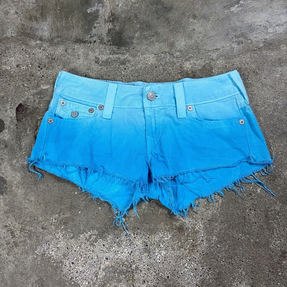 Vintage Y2K True Religion Joey Cutoff Shorts Size 28 Blue Ombre Low Rise USA